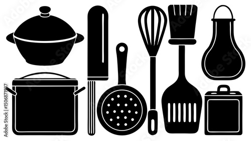 Collection of Black Silhouette Kitchen Utensils and Cooking Tools in Minimalist High Contrast Culinary Design Featuring Flat Vector Icons of Kitchenware and Food Preparation Equipment

