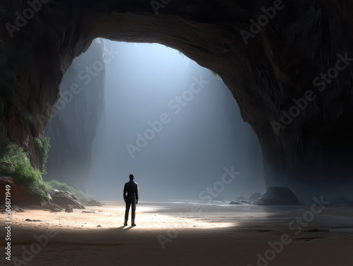The Cave Explorer: A solitary figure stands at the threshold of a mysterious cave entrance, bathed in an ethereal light, embarking on a journey of discovery and exploration
