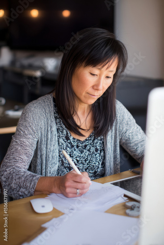 A middle-aged Asian woman finalizes website copy revisions with precision and creative flair. Her strategic wording elevates the brandâ€™s online presence and strengthens customer loyalty