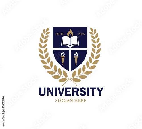 Modern logo design showcases an open book, symbolic torches, and a laurel wreath, emphasizing education and knowledge. Ideal for university branding and marketing efforts.