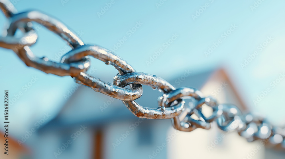Fototapeta premium Close up of shiny metal chain links, symbolizing security and connection, with blurred house in background