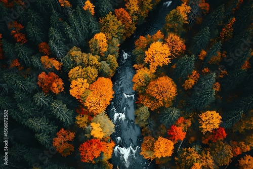 Aerial view of vibrant autumn forest showcasing fiery orange and golden foliage alongside a meandering river creating a
