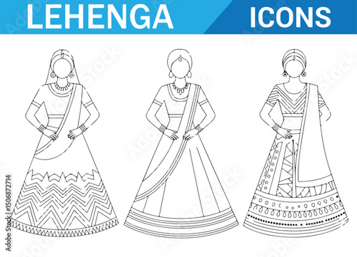 Simple Line Art Indian Dresses, Traditional Wear Icons in Black and White