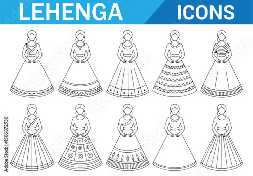 Traditional Indian Dress Icon Set, Black and White Line Art Illustrations