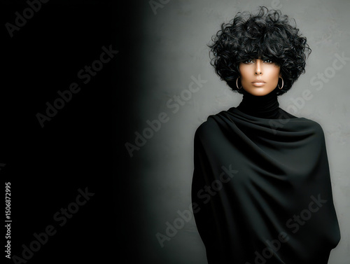 Elegance in Monochrome: A captivating portrayal of a woman, radiating an air of poise and serenity, enveloped in the embrace of monochromatic sophistication.
