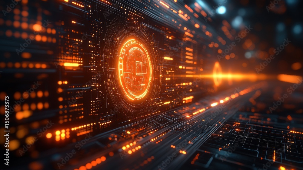 Obraz premium Abstract Digital Interface with Bright Orange Elements and Patterns