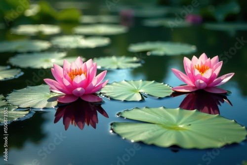 Water lilies forming a natural floral pattern on still lake , environment, pink, floral design