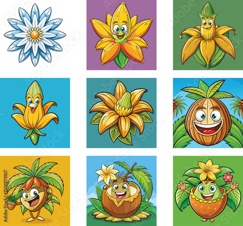 Groovy flower cartoon characters. Funny happy daisy with eyes and smile. Sticker pack in trendy retro trippy style. Isolated vector illustration.