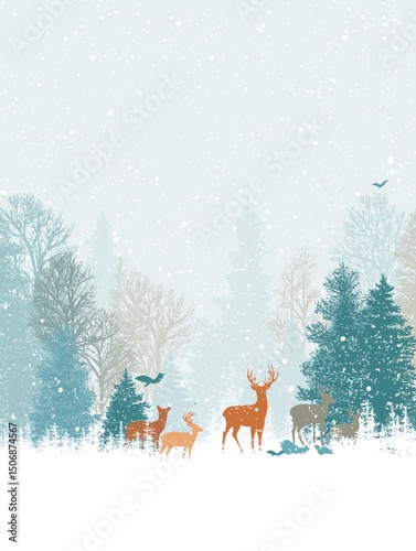 Snowy forest scene with deer, foxes and birds among frosted trees