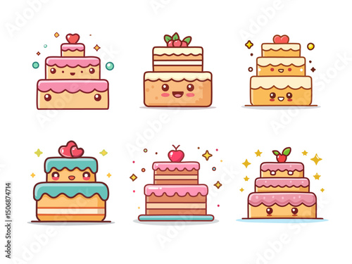 Happy Cartoon Layer Cake – Cute Tiered Cake with Expressions and Icing in Kawaii Style for Bakery, Party, and Kids Clipart Sets