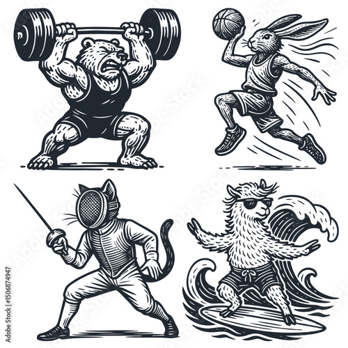 Vector illustration set: funny animal characters in sports. Includes a weightlifting bear, basketball rabbit, fencing cat, and surfing llama. Vintage engraving style.