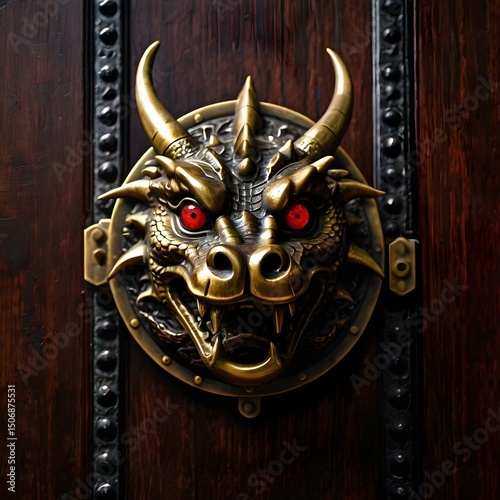 Close-up of a circular brass door handle shaped like a dragon head, glowing red eyes, intricate scales texture, dark wooden door background, cinematic lighting,Generative Ai
