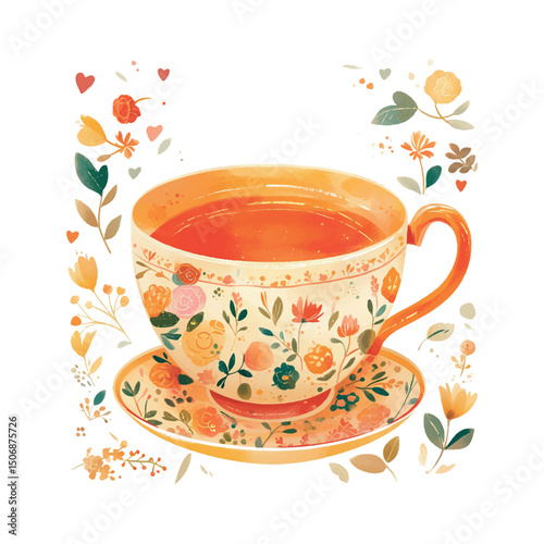 Colorful floral teacup sits on a saucer surrounded by delicate flowers and hearts in a cheerful design on a bright background