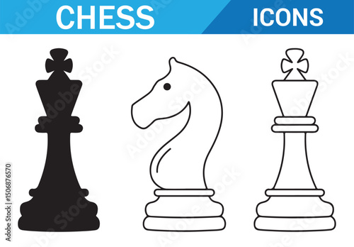 Chess set illustration with various pieces in line drawing style.