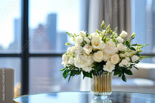 Elegant white floral arrangement in a gold vase bright city view backdrop soft light blurred background serene ambiance