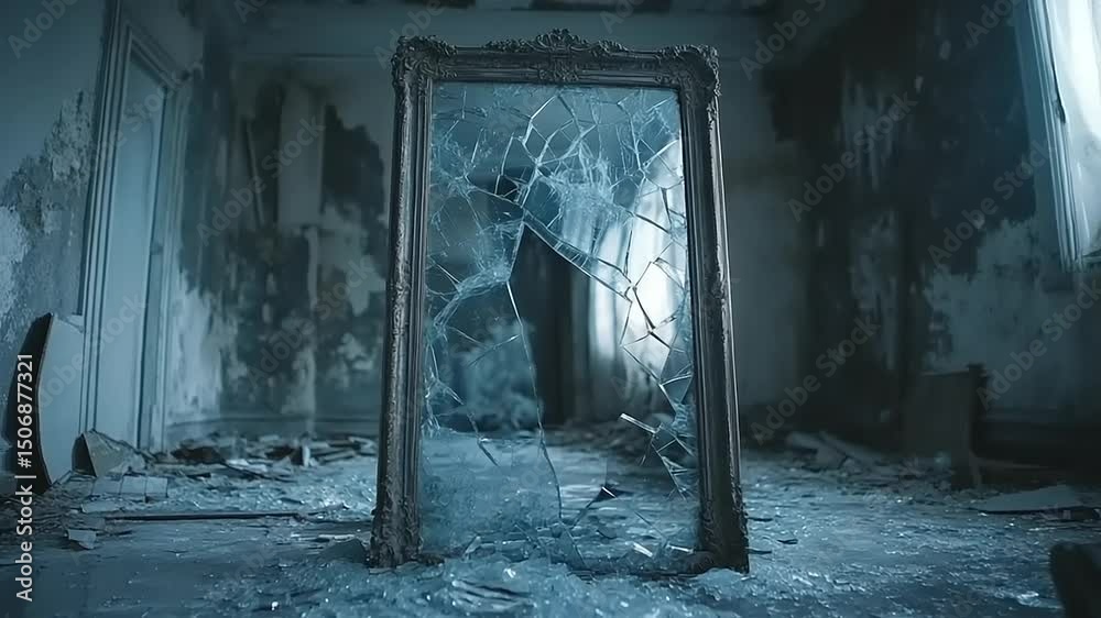 Broken mirror in abandoned room with eerie atmosphere