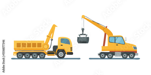 A yellow construction crane and truck with heavy equipment for transportation and lifting in an industrial setting.Two Yellow Construction Vehicles: Dump Truck and Crane Truck