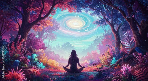 Woman meditating in lotus pose in vibrant fantasy forest with swirling galaxy sky illustration