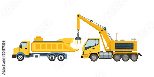 A yellow construction crane and truck with heavy equipment for transportation and lifting in an industrial setting.Two Yellow Construction Vehicles: Dump Truck and Crane Truck