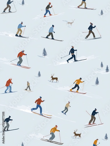Seamless pattern of people skiing across snowy terrain with reindeer