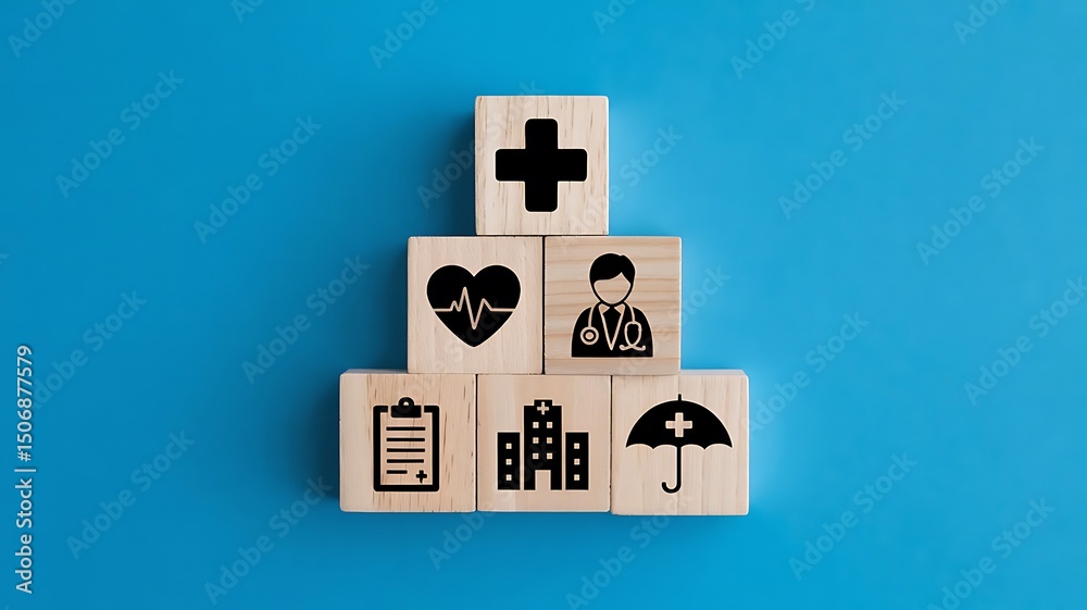 Healthcare insurance medical symbols arranged on wooden blocks against a blue background Healthcare insurance medical symbols arranged on wooden blocks against a blue background