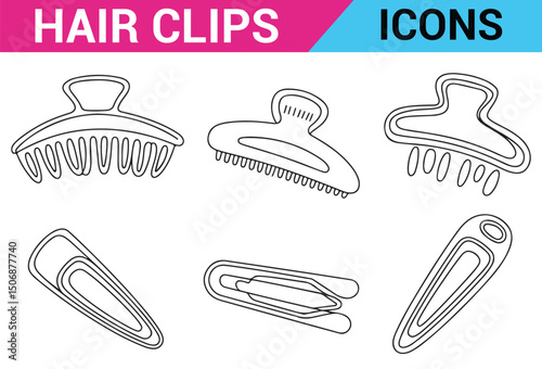 Hair Claw Clip Set, Minimalist Line Art Beauty Tools Icons