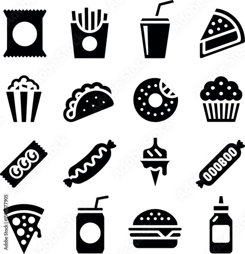 Silhouette black fast food icon set vector art illustration.