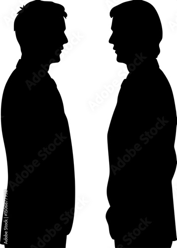 A mirrored silhouette image of the same man in a suit facing opposite directions. One side shows the profile looking left, the other looking right, symmetrical and balanced on a white background.