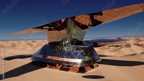 Futuristic solarpowered desert structure with reflective architecture and expansive solar panels