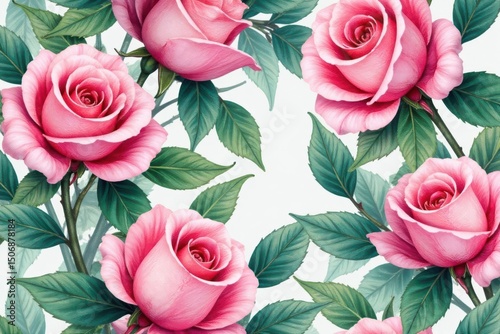 Delicate watercolor roses, lush leaves, seamless repeat, pretty, floral, petals