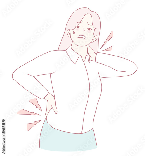 An illustrative depiction of a woman visibly demonstrating signs of back pain and discomfort in a workplace environment