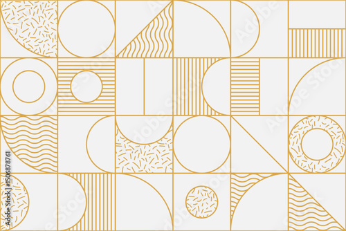 Modern seamless patterns featuring minimalist abstract gold shapes and ornaments with geometric symmetry