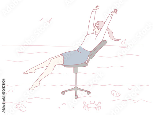 A whimsical and imaginative depiction of pure relaxation by the sea while sitting comfortably in an office chair