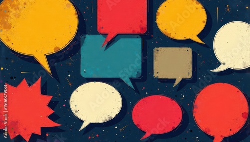 Geometric speech bubble pattern; bold lines, monochrome palette, cool, pattern