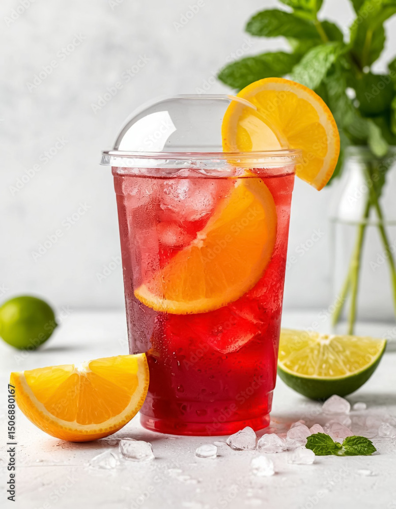 Fototapeta premium Lemonade red-orange in a glass on a white background. AI generated.