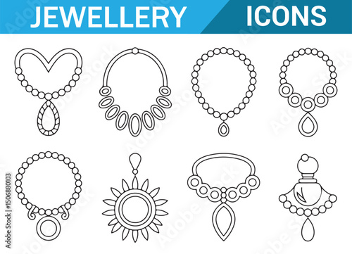 Necklace and Pendant Icons, Hand-Drawn Jewelry Line Art Collection