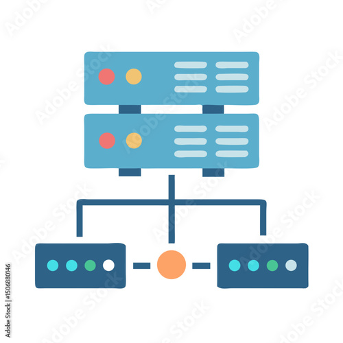 Stylized server rack illustration depicting network connectivity and data