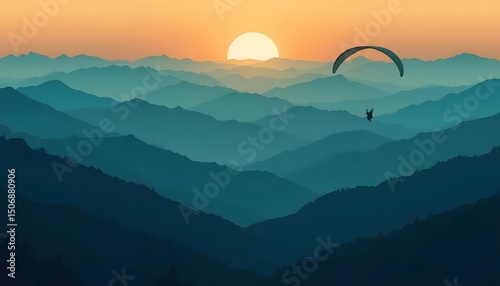 Sunset Paragliding Adventure over Serene Teal Mountain Ranges