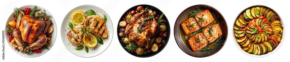 Fototapeta premium PNG Delicious gourmet roasted dishes, element set on transparent background