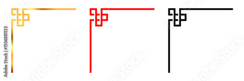 Asian style decorative corner frames in gold, red, and black. Vector design with geometric, traditional patterns. Perfect for invitations, borders, or ornamental art in Asian themes.