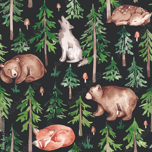 Photography Forest seamless pattern hand drawn with watercolor