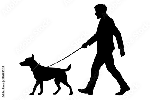 Silhouette of a Man Walking a Dog on Leash Pet Owner Companion