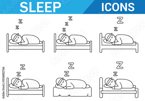 Relaxation and Sleep Icons, Black and White Line Art for Restful Sleep