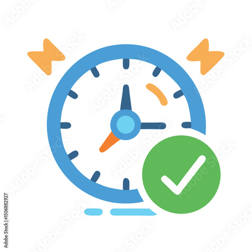 Alarm clock icon with checkmark symbolizes on time completion