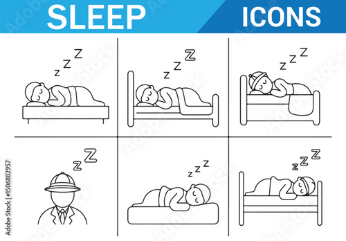Sleep Time Icons Set, Simple Line Art of Sleeping Person for Wellness