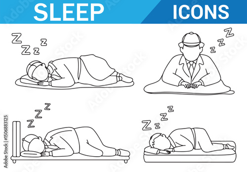 Sleeping Person Icons, Black and White Line Art for Bedtime and Relaxation