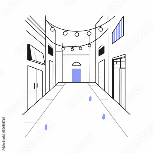 serene alleyway with decorative lights and hint of rain, creating calm atmosphere