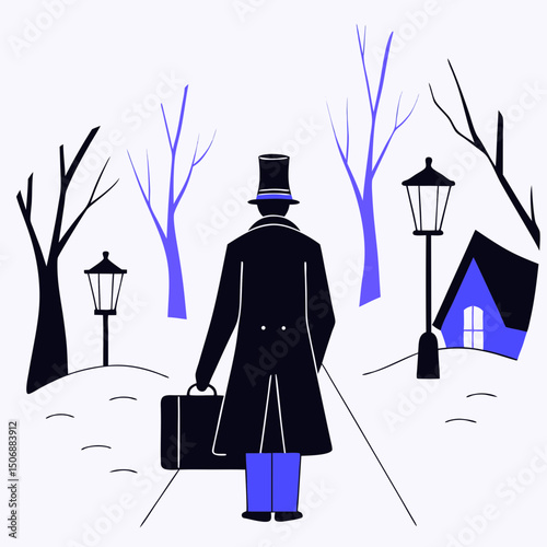 man Victorian attire walks through snowy landscape, carrying briefcase. scene features bare trees, street lamps, and cozy