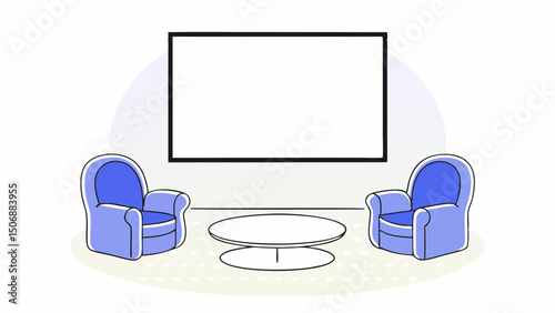 empty rectangular frame mockup in white is placed above two blue chairs and round coffee table, creating cozy atmosphere