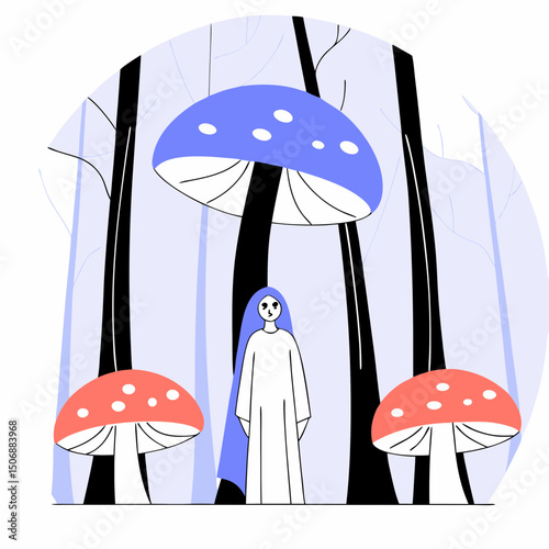mystical forest with towering mushrooms and serene figure stands amidst vibrant colors, evoking sense of wonder